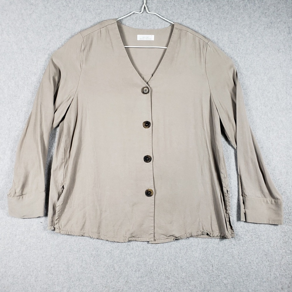 OAK + FORT Beige Button Front V-Neck Blouse M Minimalist Soft Academia Poetcore